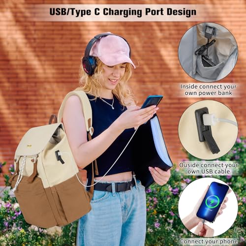 Orvilly Vintage Canvas Laptop Backpack for Women,15.6" Laptop College Rucksack with USB/Type-C Charging Port,Fashion Lightweight Bookbag Hiking Casual Daypack Backpacks for Travel Work（Brown & Beige）3
