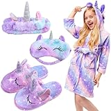 POWZOO Peignoir Enfants,4pc Comprend Peignoir à capuche+Pantoufles+Bandeau+Masque pour les yeux,Licorne Peignoirs de Bain Doux Pyjamas Vêtements de Nuit Loungewear,Cadeau chaleureux pour une fille.