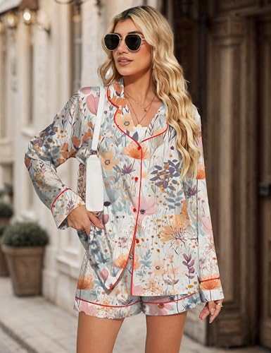 Image of SHESHOW Satin Pajama Set for Women Button Down Long Sleeve Top and Shorts Loungewear Set Funny Print Sleepwear XS-XXL