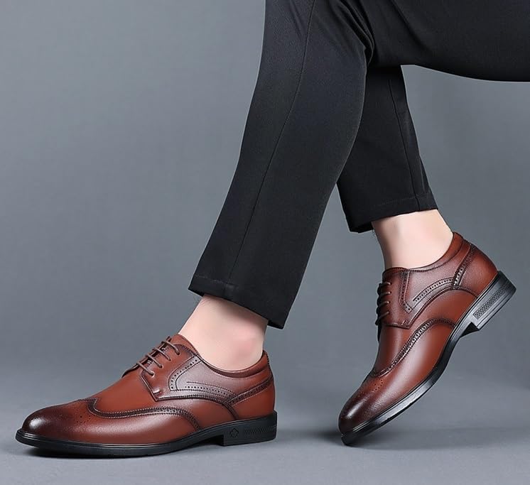 Men's Genuine Leather Oxford Shoes Low Top Formal Business Non-Slip Dress Shoes Wedding Office Derby Shoes for Men(Brown,8.5)4