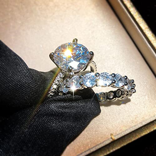 925 Silver 2 Piece Luxury Jewelry Fashion Sparkling Full Diamond AAA Cubic Zircon Solitaire Ring CZ Diamond Ring Set Eternity Engagement Wedding Ring Set Women Cocktail Ring Set Ring 608 (9)