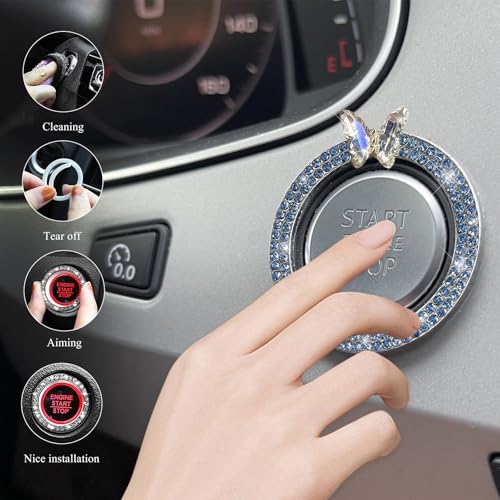 Image of DXNQ 2PCS Bling Ring Emblem, Sparkling Butterfly Car Buttons and Knobs Ring, Girly Butterfly Diamond Car Engine Start Button Cover, Key Ignition Knob Rings Decoration for Women (Blue, Double Row)