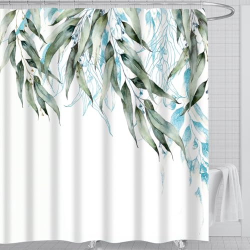 Bright Sense Bamboo Leaves Fabric Shower Curtain -120GSM Waterproof Fabric with 12x Reinforced Grommets & Hooks, No Liner Needed 71”x71” (Bamboo Leaf)