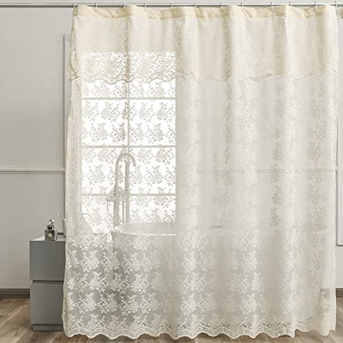 YJ YANJUN Ivory Lace Shower Curtain - Shabby Chic Flower Shower Curtain with Attached Valance Luxury Lace for Bathroom Farmhouse Bath Curtains 72 x 72 Inch Light Beige