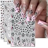 Leopard Print Nail Art Sticker Nail Decals 3D Self-Adhesive French Lines Nail Tip Hibiscus Flower Lace Floral Petals Nail Art Design Gel Polish Slider Decal Nail Charm for Manicure Decoration 4Sheets