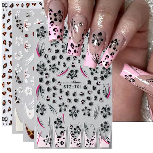 Leopard Print Nail Art Sticker Nail Decals 3D Self-Adhesive French Lines Nail Tip Hibiscus Flower Lace Floral Petals Nail Art Design Gel Polish Slider Decal Nail Charm for Manicure Decoration 4Sheets