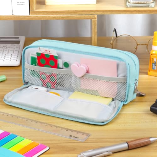 Image of MAMUNU Large Capacity Pencil Case, 3 Compartments Canvas Pencil Pouch with Zipper, Aesthetic Pencil Bag Pen Pouch for School Office Students Teen Girls Boys, Light Blue