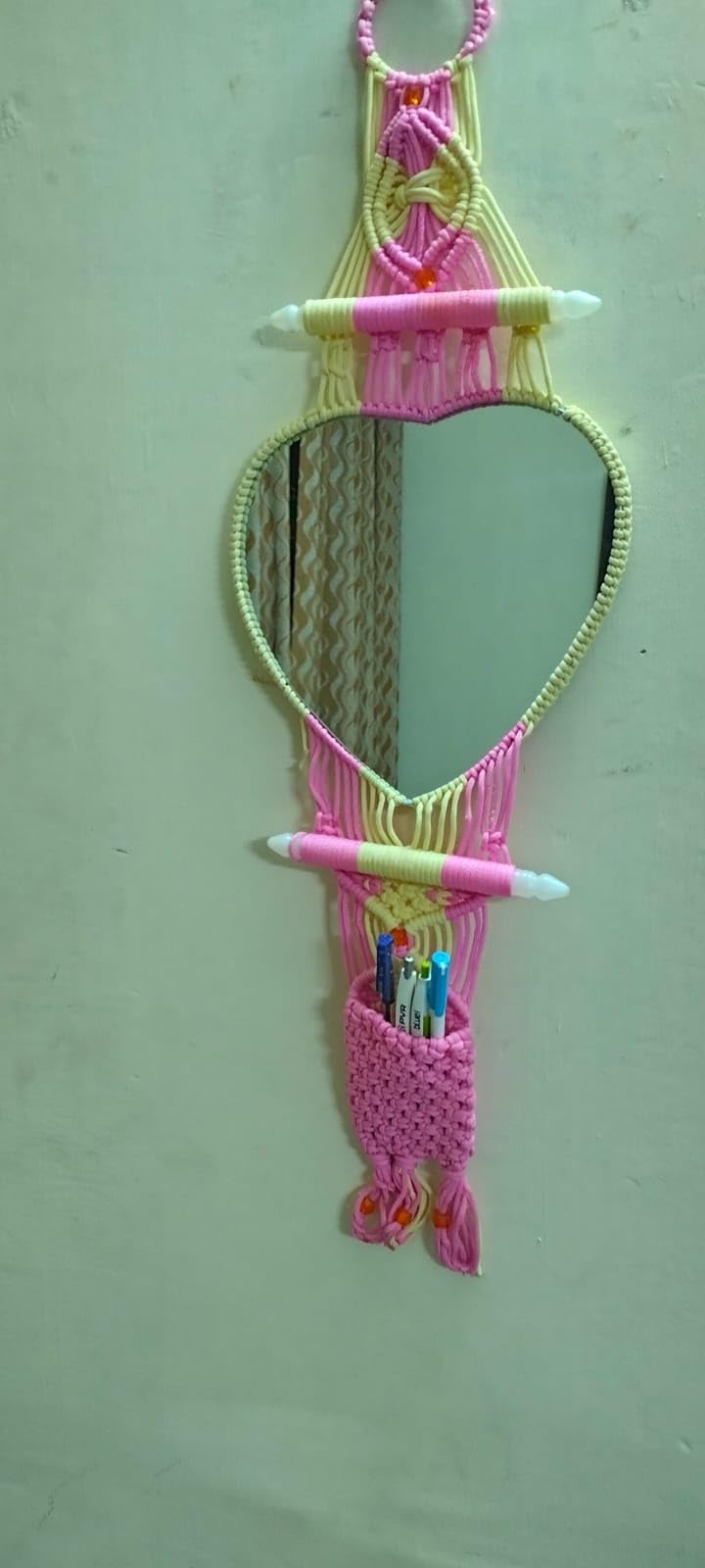 Macramé Wall Hanging with Heart Shaped Mirror (Pink and Yellow), with Alluring Design & Decorative Storage Pocket for Home Decor.(Foldable) (Pink)-image-20