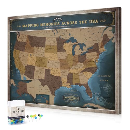 Image of DECORARTS - Deep Blue Vintage USA Travel Map Canvas with Pins, US Map for Travel, for Home Office, Bedroom or Study, Ready to Hang, 30x24''