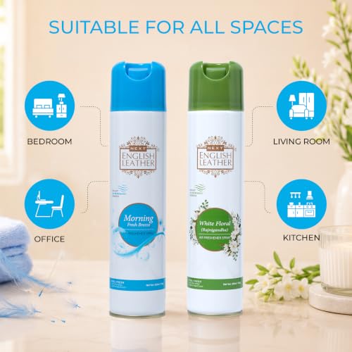 Image of Next Care English Leather Air Freshener Spray 220ml Each | Long Lasting Room Freshener for Home, Office & Car | Odour Eliminator (Morning & White Floral)