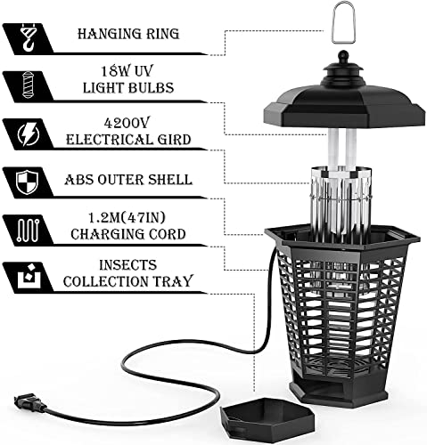 Toiuot Bug Zapper Indoor, Highly Efficient Bug Zapper Outdoor For Mosquitoes Fruit Flies Moths, 4200V & 18W Powerful Fly Traps Outdoor, Electric Mosquito Zapper Fly Traps For Indoors & Outdoors(Black) #TOP1