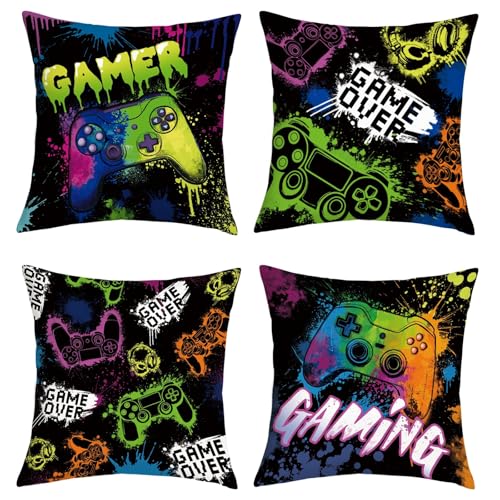 Joymaison Gaming Room Video Game Cushion Covers 45 x 45 Pack of 4 Colorful Controller Gaming Square Throw Pillow Case Gamer Teen Boy Bedroom Playroom Decorative Sofa Cushion with Invisible Zipper