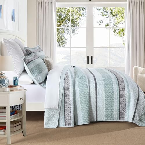 Image of Homzard King Size Quilt,Cotton King Size Comforter Set,Mint Green Grey Bedding Set,Striped Bedspread,Lightweight Summer Comforter Sets 3 Piece