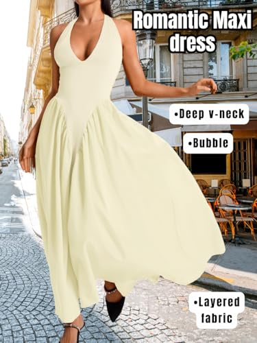 Image of ChiaoLezhee Deep V Neck Dress, Halter Maxi Dresses, Vacation Date Night, Sexy for Women Corset Flowy Wedding Guest Drop Waist