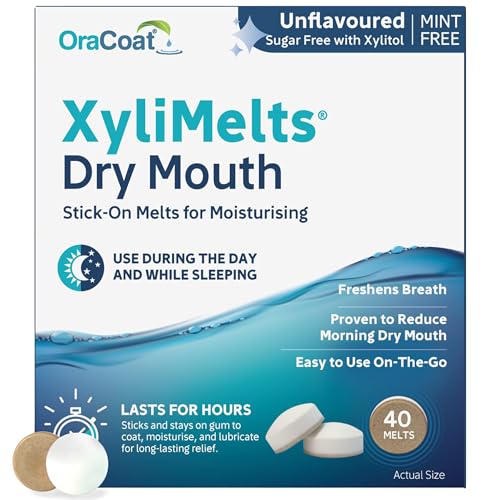 XyliMelts Dry Mouth Relief Discs Flavour Free (40 Count) Xylitol Oral Adhering Tablets for Day or Night Long-Lasting Dry Mouth Relief & Saliva Support