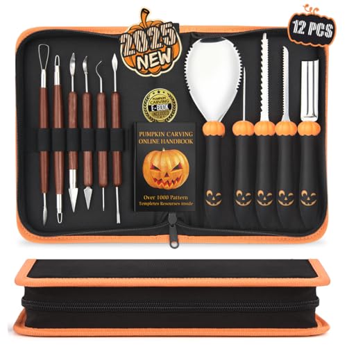 Upgraded Pumpkin Carving Kit for Adults & Kids with Professional Detail Sculpting Tools, Heavy Duty Stainless Steel Knife Set with Carrying Case for Halloween Decoration