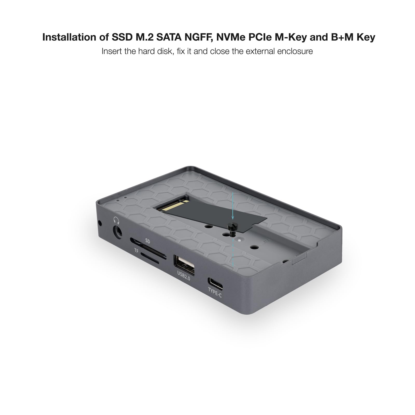 TOOQ TQE-2242G obudowa zewnętrzna do dysków SSD M.2 NVMe/SATA z koncentratorem 10 w 1, USB-C 3.2 Gen2, 2× USB-A 3.1 Gen2, USB-A 2.0, HDMI 2.0, RJ45 Gigabit, czytnikiem SD/TF, audio 3,5 mm i ładowaniem