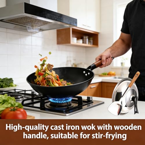 Wok de acero al carbono con tapa y fondo plano 12.6 in miniatura 5
