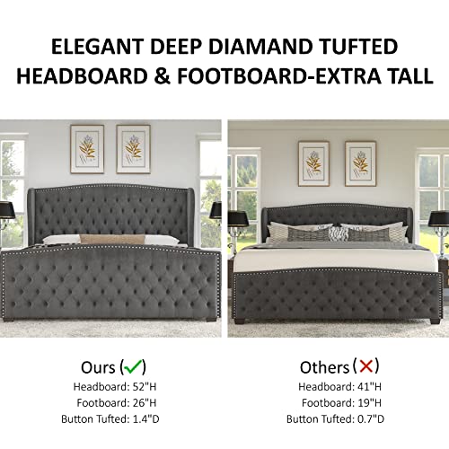 King Size Velvet Upholstered Platform Bed Frame with Wingback Headboard - Grey