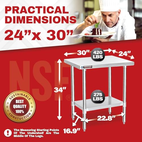 Image of DuraSteel 24x30 Stainless Steel Work Table - NSF Commercial Prep Metal Table - Outdoor Pizza Oven Stand w /Under Shelf - Kitchen Island Laundry Utility Garage Microwave Stand Large Rolling Storage Cart