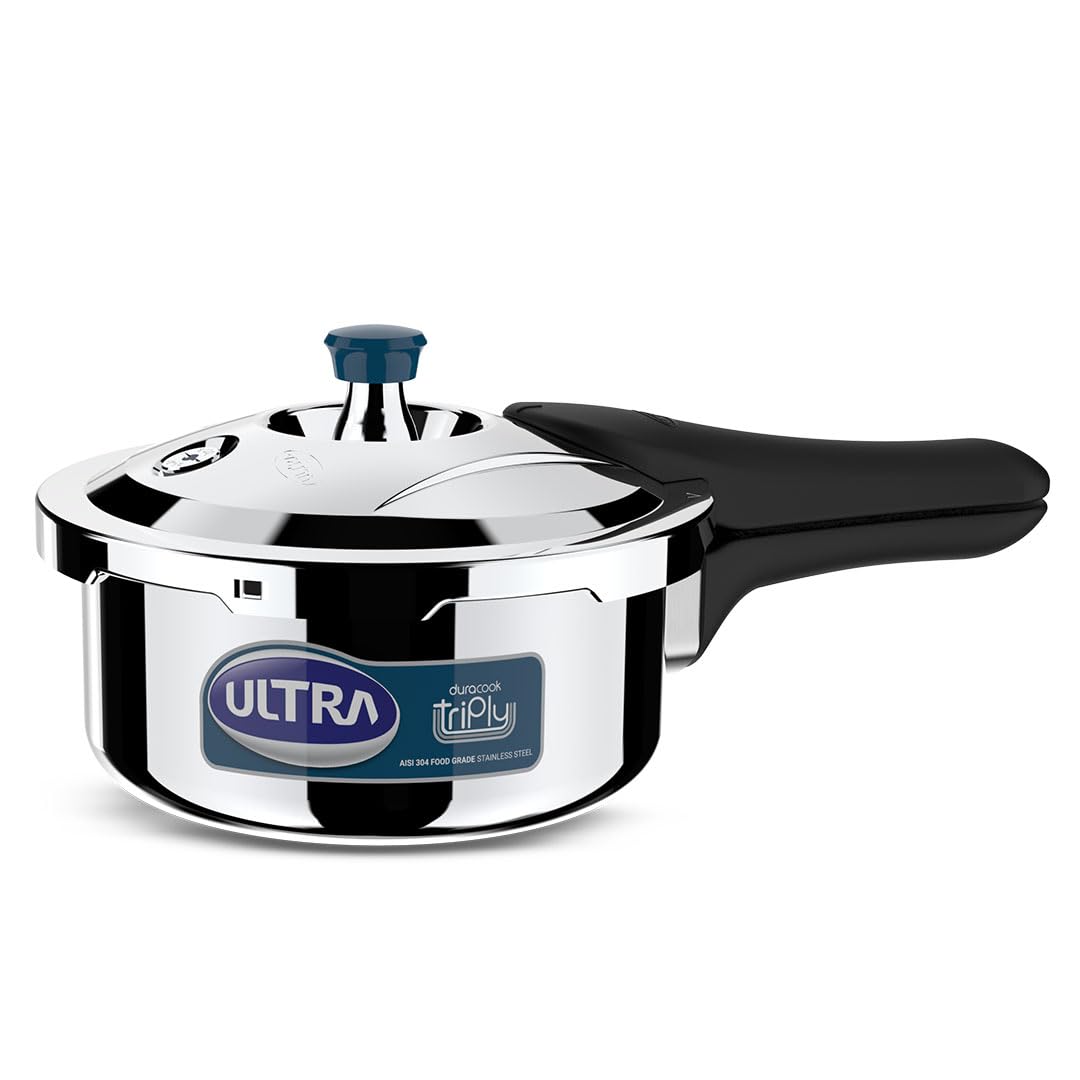 Duracook Triply Pressure Cooker 2 Litre | AISI 304 Food Grade Stainless Steel Cooker | 5 Years Warranty | Injection Moulded Handles | Induction Compatible | 1.2 MM Lid Thickness | SCTS Base