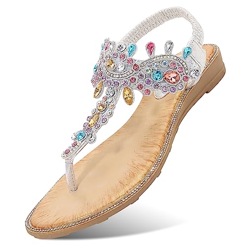 Women's Beaded Rhinestones Sandals T-Strap Bohemian Sandals Breathable Dressy Summer Shoes Outdoor