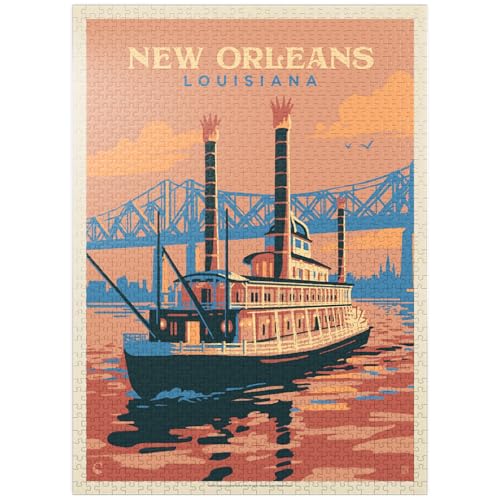 MyPuzzle New Orleans: Sunset River Cruise, Vintage Poster - Premium 1000 Piece Jigsaw Puzzle for Adults