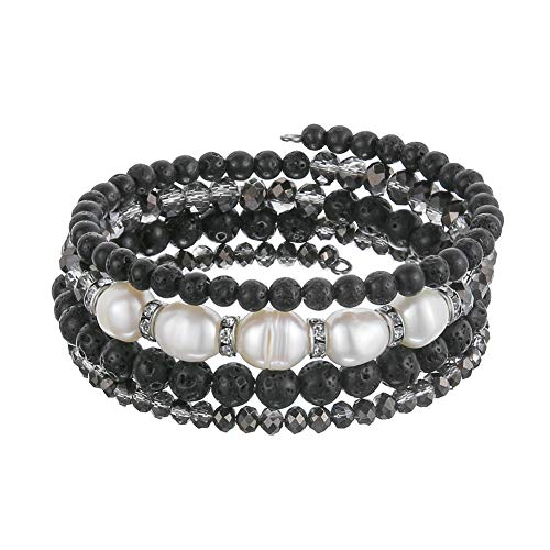 Beaded Freshwater Pearl Chakra Bracelet - Multi Strand Wrap Bracelet with Natural Crystal Agate Beads, Birthday Gifts for Women (Lava Black)