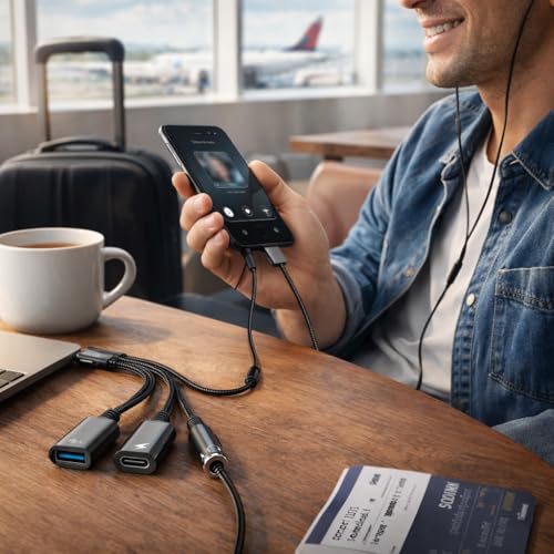 Image of Mizi 3-in-1 USB C to Headphone Jack and Charger Adapter, 60W PD Fast Charging & USB A Hub, Compatible with iPhone 15 /16 /17 Pro /Max, Samsung Galaxy, iPad Pro, MacBook, Pixel - Black