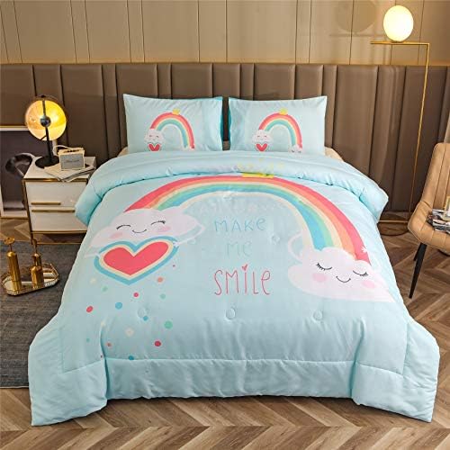 A Nice Night Bedding 3 Piece Cartoon Rainbow Bedding Set with Cloud Printed for Boys Girls Toddler Bed Comforter Sets (Blue-Rainbow, Twin)