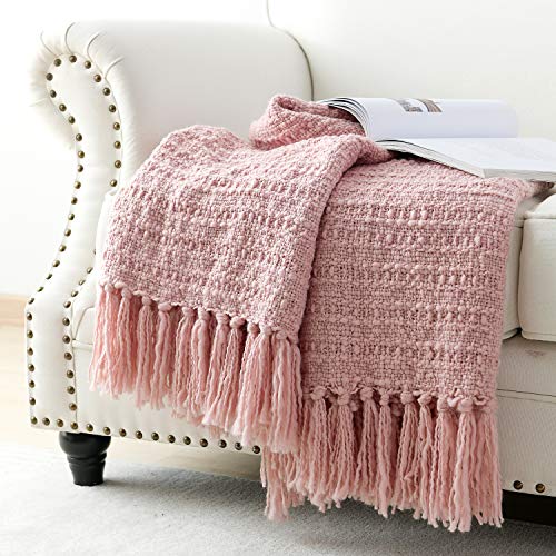 Chunky Knit Throw Blanket, Pink Soft Warm Cozy Bed Throw Blanket With Tassels, Boho Style Textured Knitted Home Decorative Blanket For Couch, Sofa &Bed, 50"X60" #TOP1