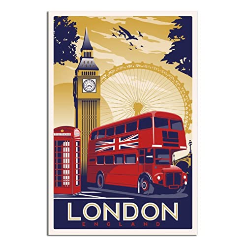 NMNM Poster vintage sur toile avec horizon de Londres et Angleterre - Décoration murale - Cadeau - 30 x 45 cm