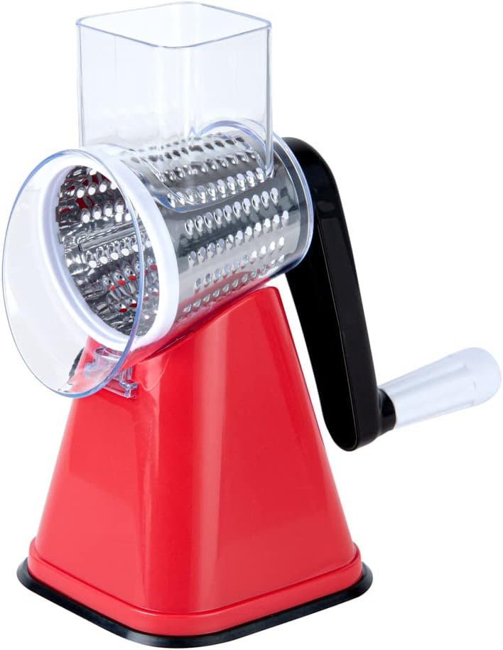 Restaurantware Met Lux 11 x 7 x 6 Inch Cheese Grater With Handle 1 Heavy-Duty Rotating Cheese Grater - Dishwashable Red Plastic Food Shredder Suction Feet For Vegetables Nuts & More