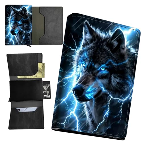 Blue Wolf Minimalist Wallet for Men, Womens Pop Up Automatic Wallet Slim Leather Wallet with Money Clip RFID Blocking Credit Card holder Business Gift Money Wallet
