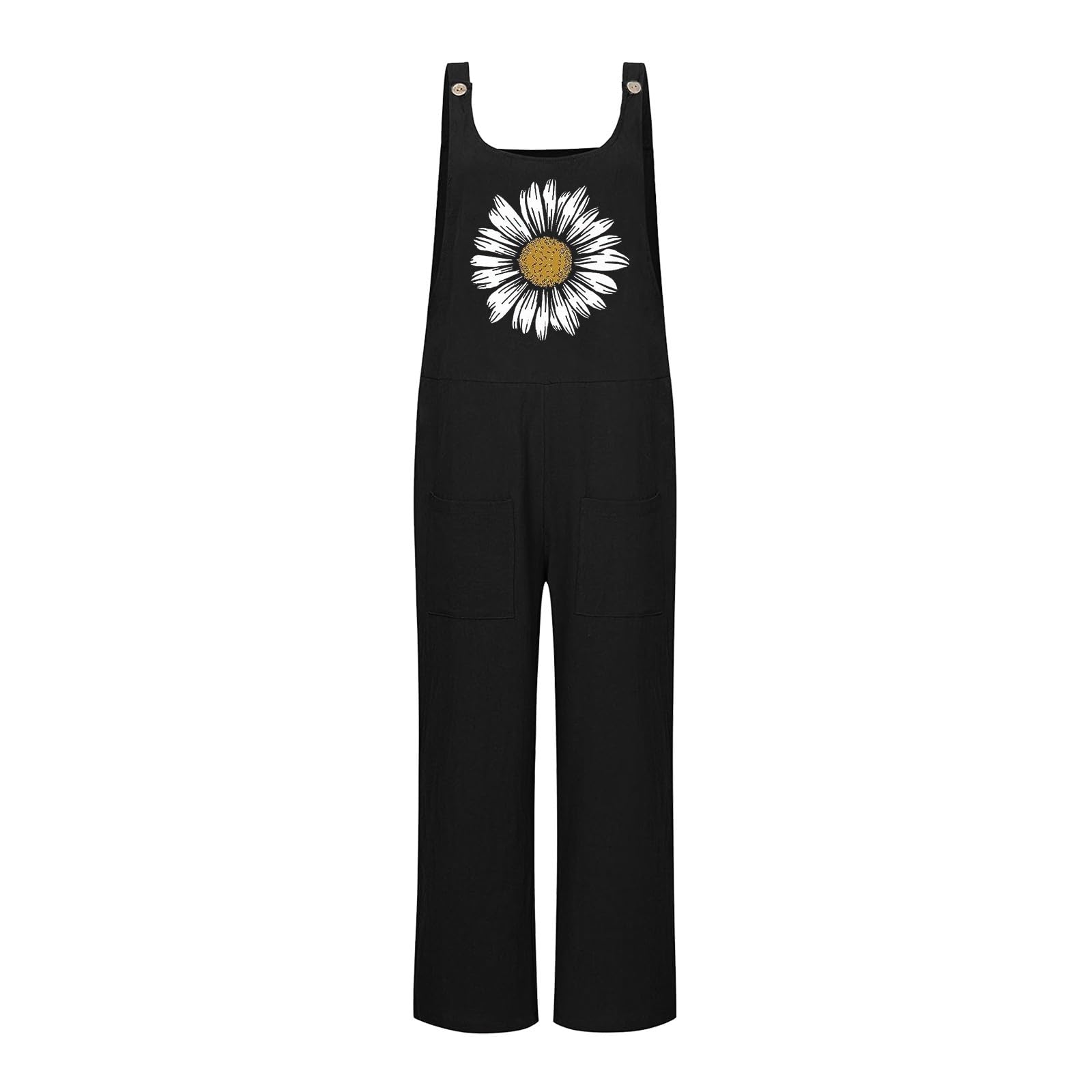 Salopette casual da donna con stampa margherita, vestibilità ampia, con bottoni, con tasche, in misto lino traspirante, per uso quotidiano, vacanze e casa