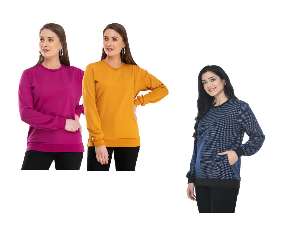 IndiWeaves? Women Fleece Warm Solid and Printed Sweatshirts for Winters [Pack of 3]