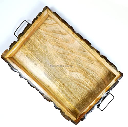 Image of Sheesham Wooden Tray, Nested Handmade & Handcrafted Rectangular Serving Platter - Size (37 x 25 x 4.5 cm) (Wooden Tray, Nested Handmade)