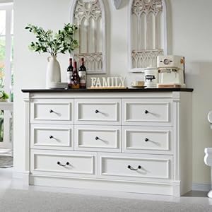 Farmhouse 61 W Buffet Cabinet with Storage Wood Rustic Sideboard Buffet Cabinet w8 Drawers Coffee Bar Cabinet wRoman Column Versatile Storage Cabinet for Living Room Dinning Room White