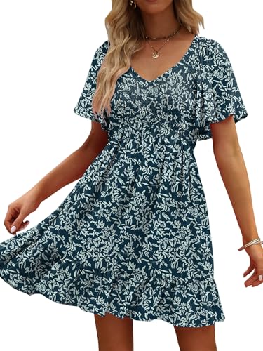 Image of UEAL Womens Cute Floral Smocked V Neck Flutter Sleeve Sundress with Pockets Casual Spring Summer Dresses for Women 2026