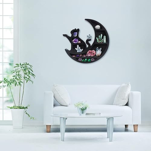 Miniatura 2 de INFUNLY Estante de madera Cat on the Moon - Pantalla de cristal de gato de luna para exhibición de rocas - Decoración de pared de gato estantes de