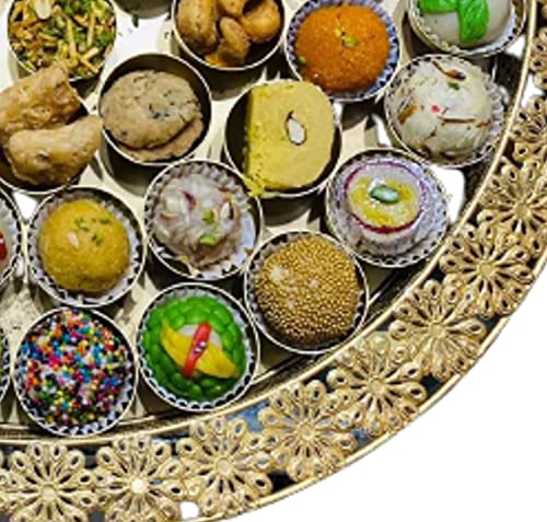 Image of 56 Bhog Thali for Offerings to diety, Pooja Thal /Bhog Thal /Poojan Thali /Traditional Thal for Tample, Pooja Room, Home Tample (Size-20 Inch, Golden Colour)