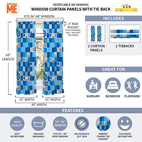 Universal Despicable Me 3 Minions Kids Room Window Curtain Panels With Tie Backs, 82" X 63", Blue #TOP1