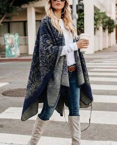 Image of Bestshe Women's Boho Open Front Poncho Plaid Shawl Wrap Cape | Tassel Cardigan Sweater, Cozy Layering, Fall Winter Clothes for Women