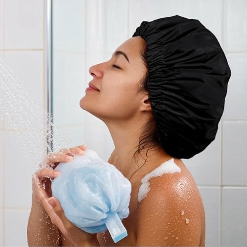 Reusable Shower Cap for Women, Large Waterproof Shower Bonnet Washable Elastic Band Bath Accessories Hair Hat for Long Hair, Braids(Black) - Thumbnail 5