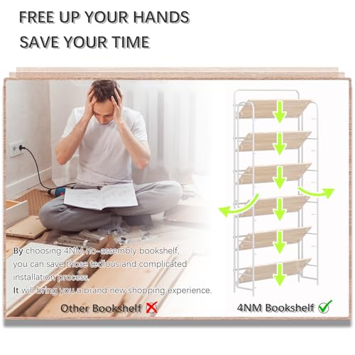 Image of 4NM No Assembly Folding Bookshelf, 6 Tiers Collapsible Book Shelves Open Industrial Foldable Storage Bookcase Shelf for Bedroom, Living Room, Home Office - Natural and White