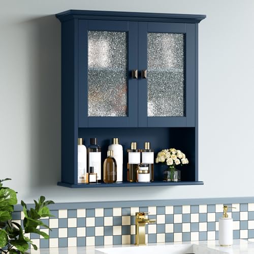 Armario de baño empotrado en pared, armario de medicinas sobre el inodoro con puerta de vidrio, armario colgante con nivel incorporado para baño, lavandería y cocina (Ultramarino) miniatura 1