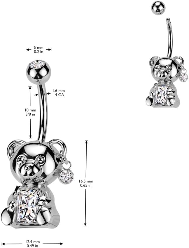 Pierced Owl 14GA 316L Stainless Steel CZ Crystal Center Bear Belly Button Ring - Image 2