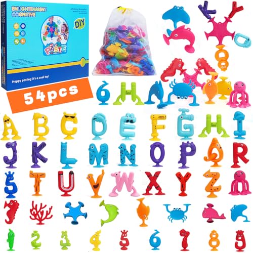 Dazhtu Juguete con ventosa, 54 piezas de juegos de bañera, juguete Montessori a partir de 3 años, juguetes sensoriales, juguetes de viaje iluministas con forma de letras y números