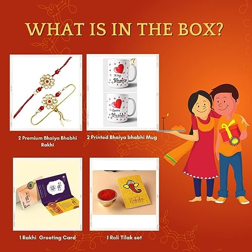 Image of CraftVatika Rakhi Mug Gift Combo for Brother Bhaiya Bhabhi - Premium Couple Pair Rakhi with Printed Mug Gift, Rakhi Set of 2