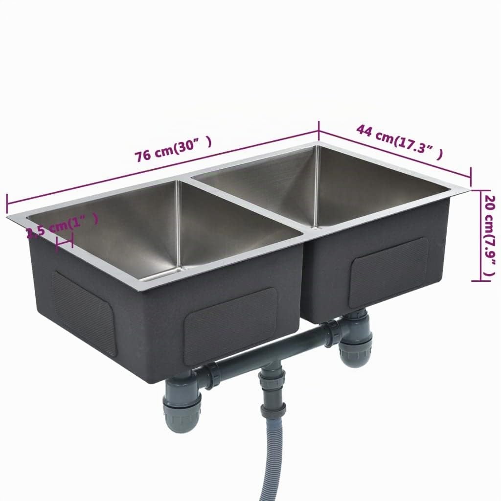 vidaXL Fregadero Cocina Hecho a Mano Doble Seno Grado Alimentario Diseño de 2 Seno Extraprofundo Flujo Rápido Acero Inoxidable